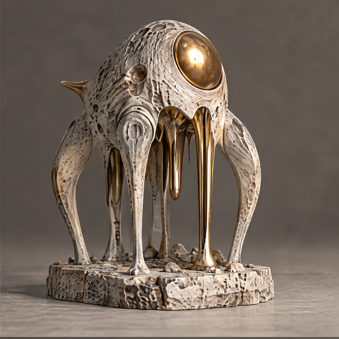 ORIZOX Born from the Moon cosmic creature sculpture – clean product view on neutral background, full form showing crater-textured body with gold legs and orb eye