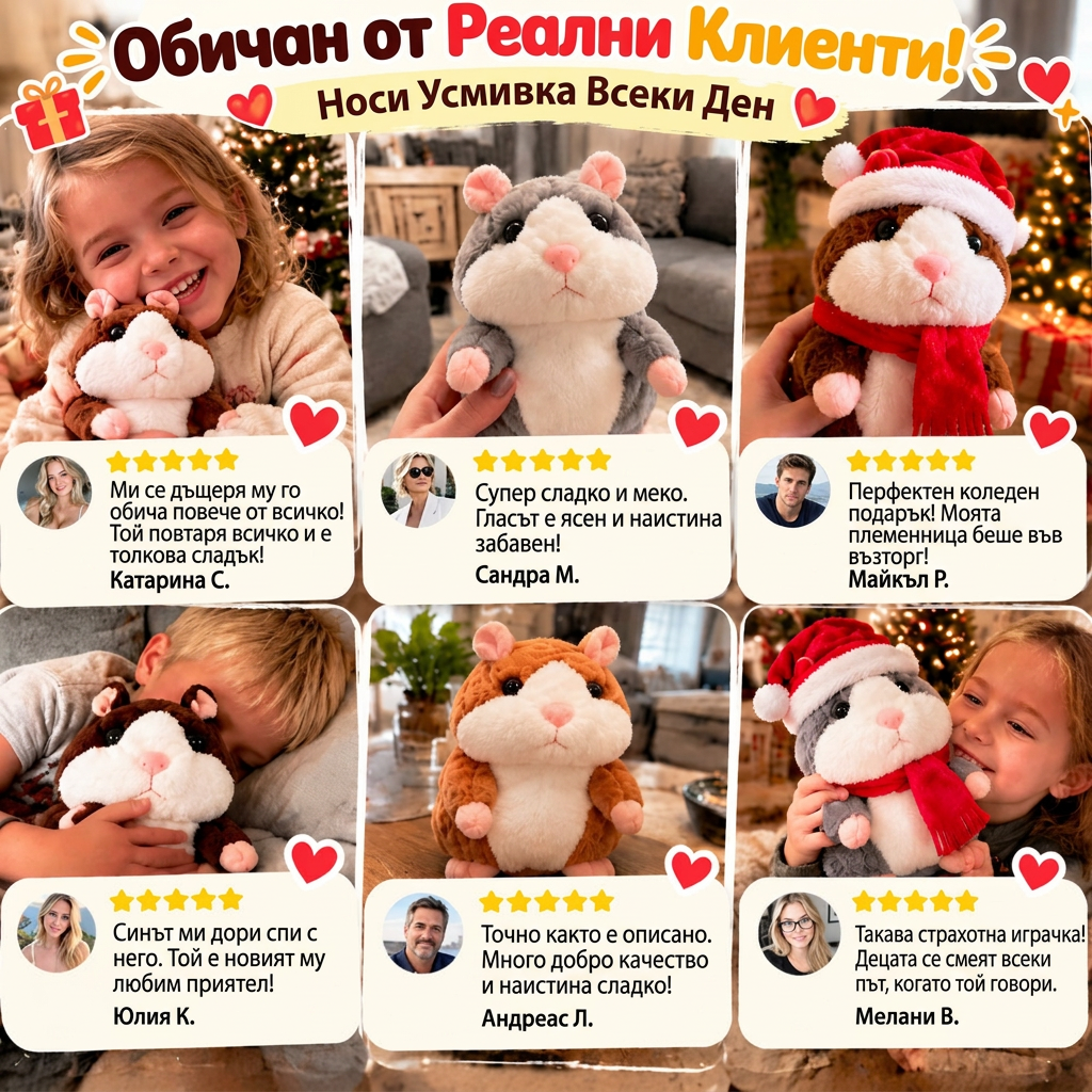 🎄 Говорещ плюшен хамстер 🐹 – повтаря думите ти и кима по изключително забавен начин! Идеалният коледен подарък 🎁