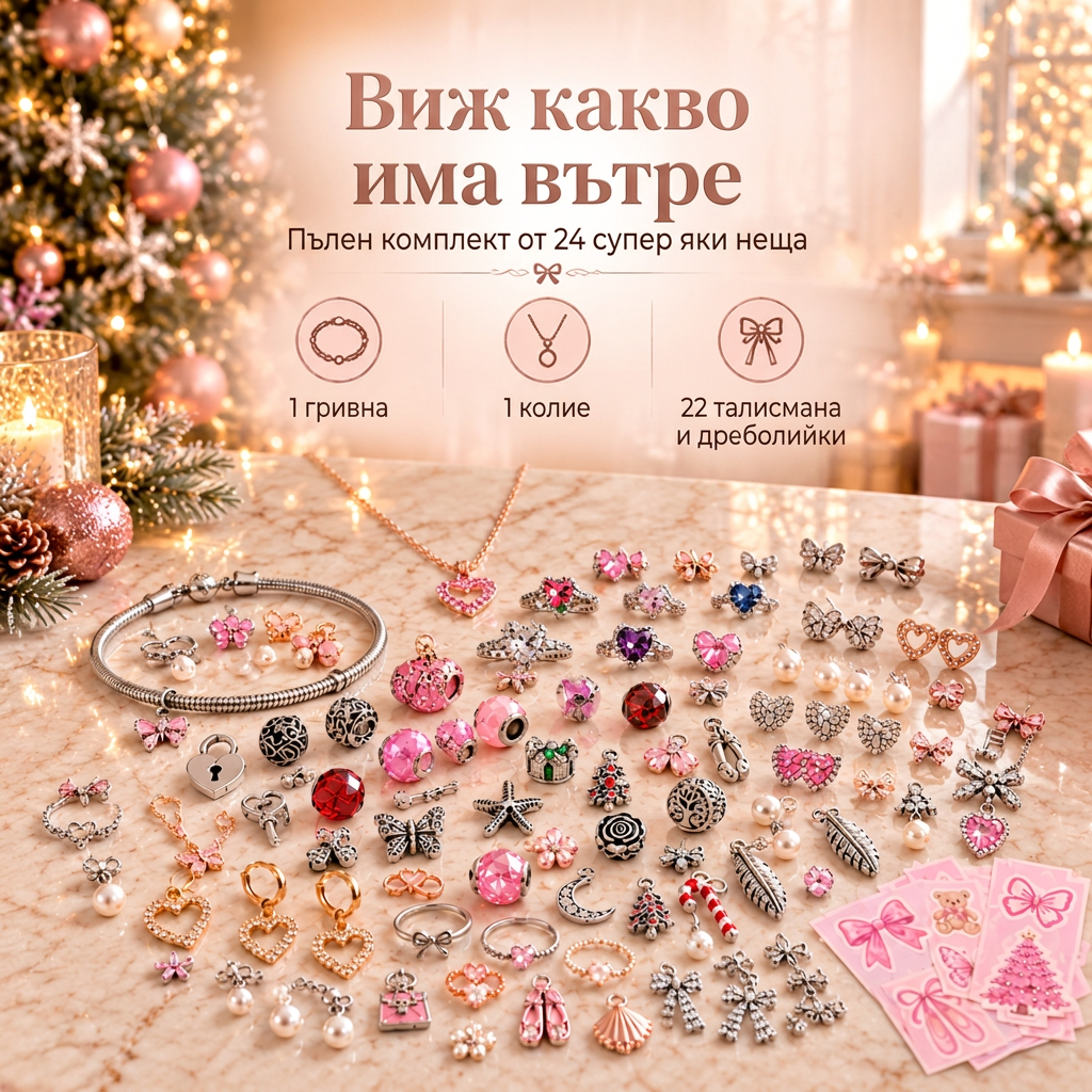 🎄 Коледен адвент календар с бижута за жени (2026 г.)🍈 – 24 дни с изненадващи висулки, гривна и колие ✨