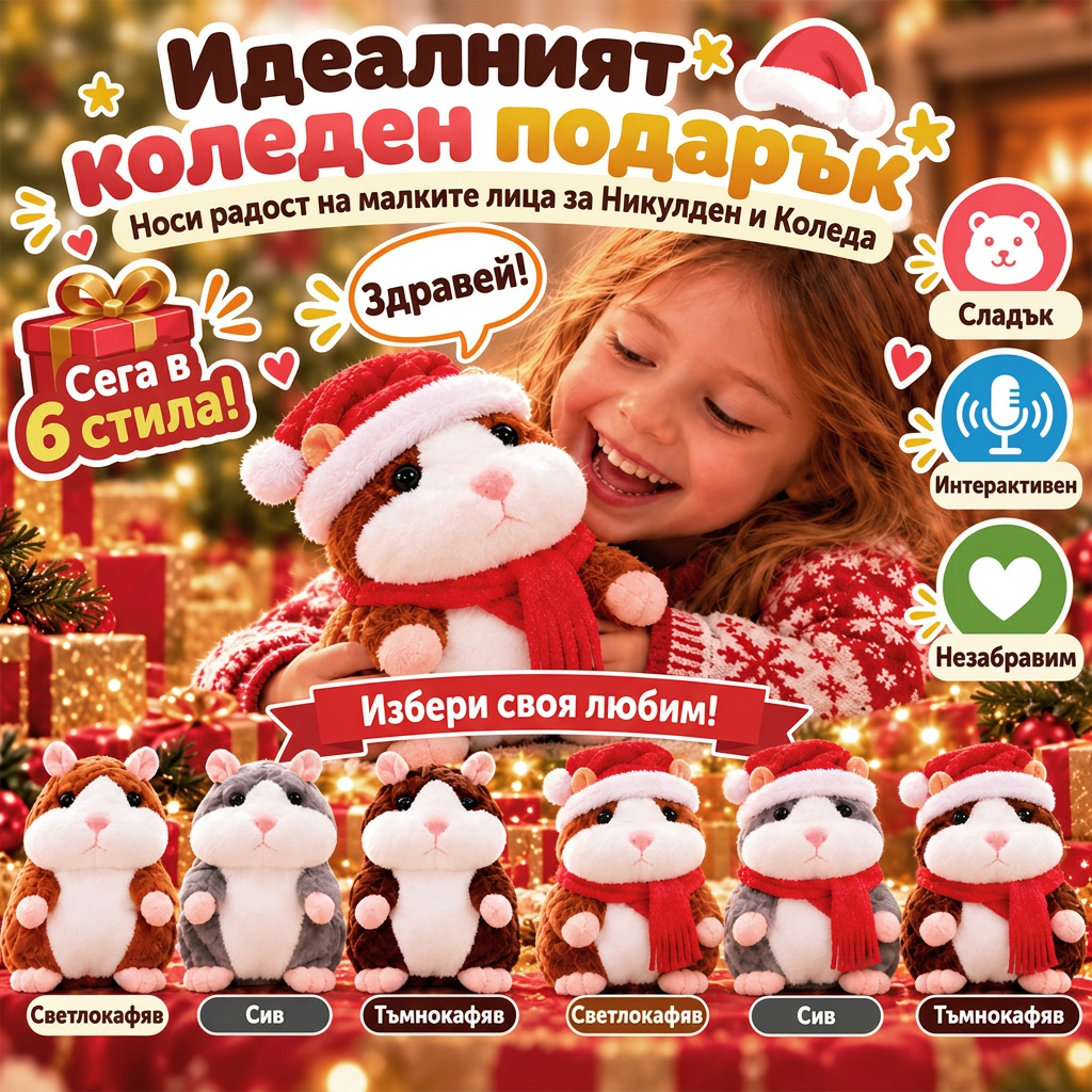 🎄 Говорещ плюшен хамстер 🐹 – повтаря думите ти и кима по изключително забавен начин! Идеалният коледен подарък 🎁