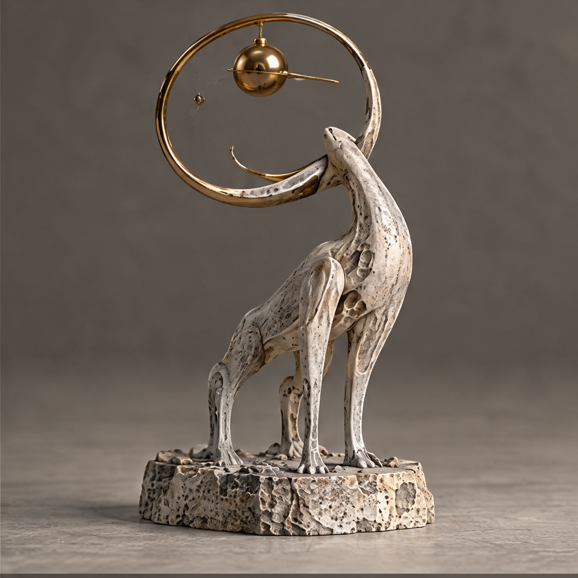 ORIZOX Born from the Far Side lunar wolf orrery sculpture – clean product view on neutral background, full form showing arching stone creature with gold orbital ring and brass sphere