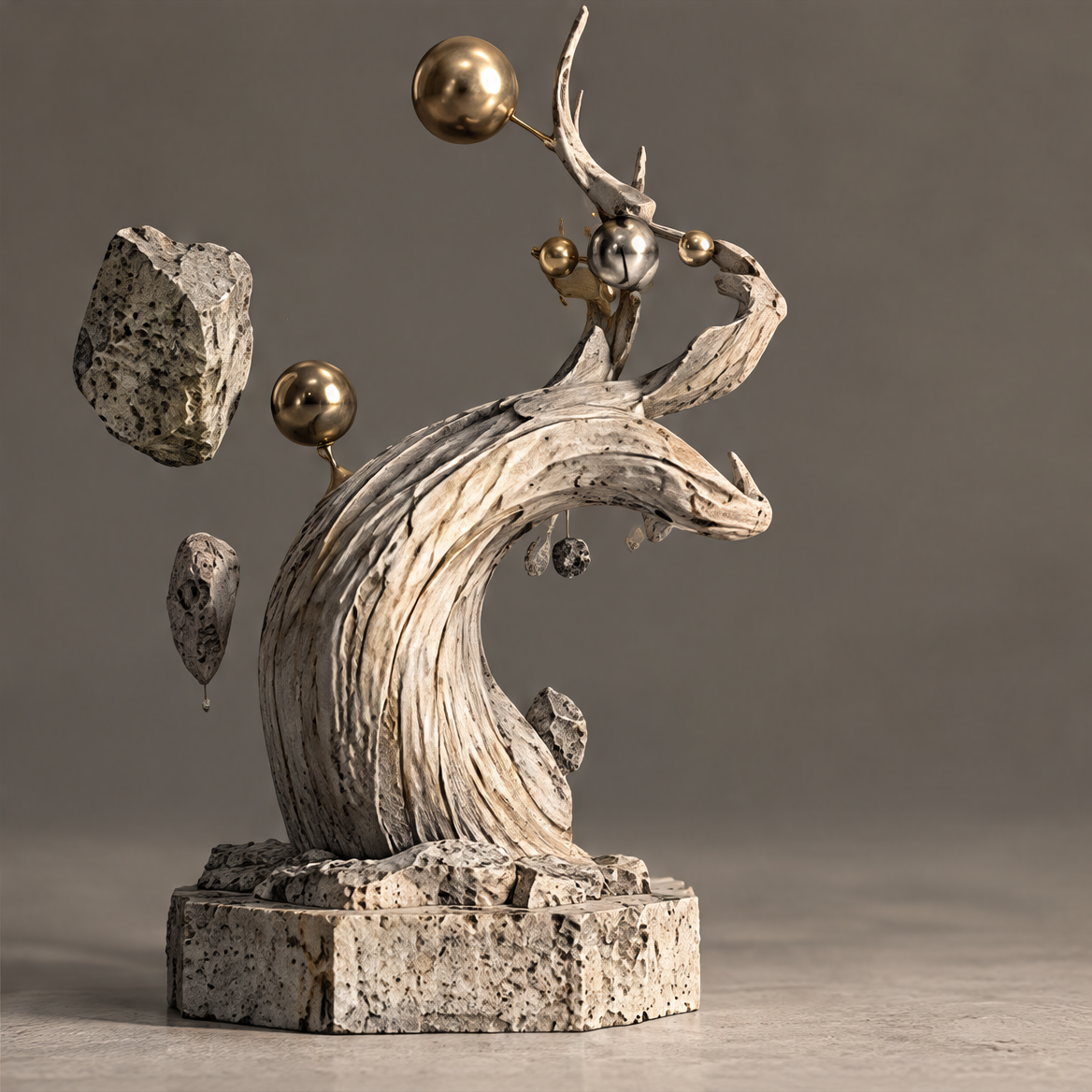 ORIZOX A Garden in Gravity wave antler sculpture – clean product view on neutral background, full composition showing stone wave body, branching antlers with gold and silver orbs, and suspended stone fragments on travertine base