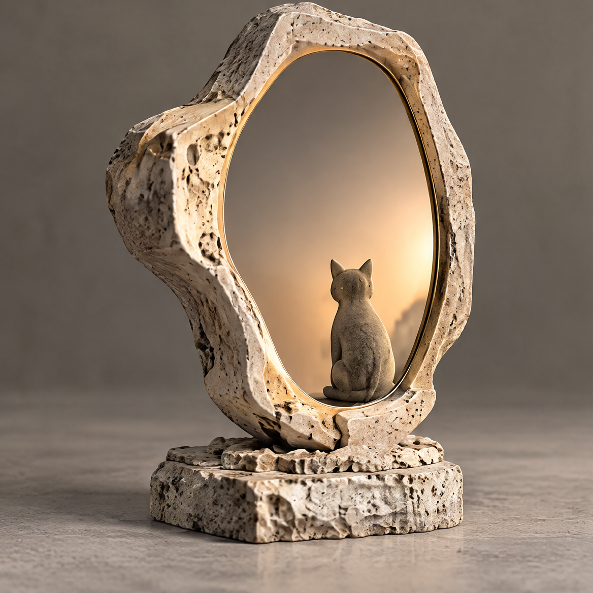 ORIZOX A Fragment of Time stone mirror cat sculpture – clean product view on neutral background, raw stone frame with oval mirror and seated cat figurine
