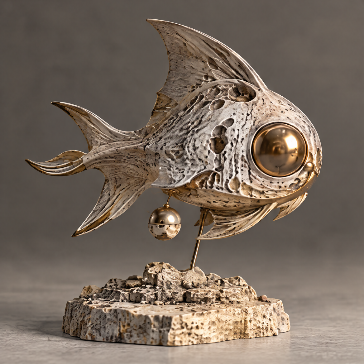 ORIZOX Born from the Moon lunar fish sculpture – clean product view on neutral background, full side profile showing crater body, gold orb eye, sweeping fins and suspended brass sphere on stone base
