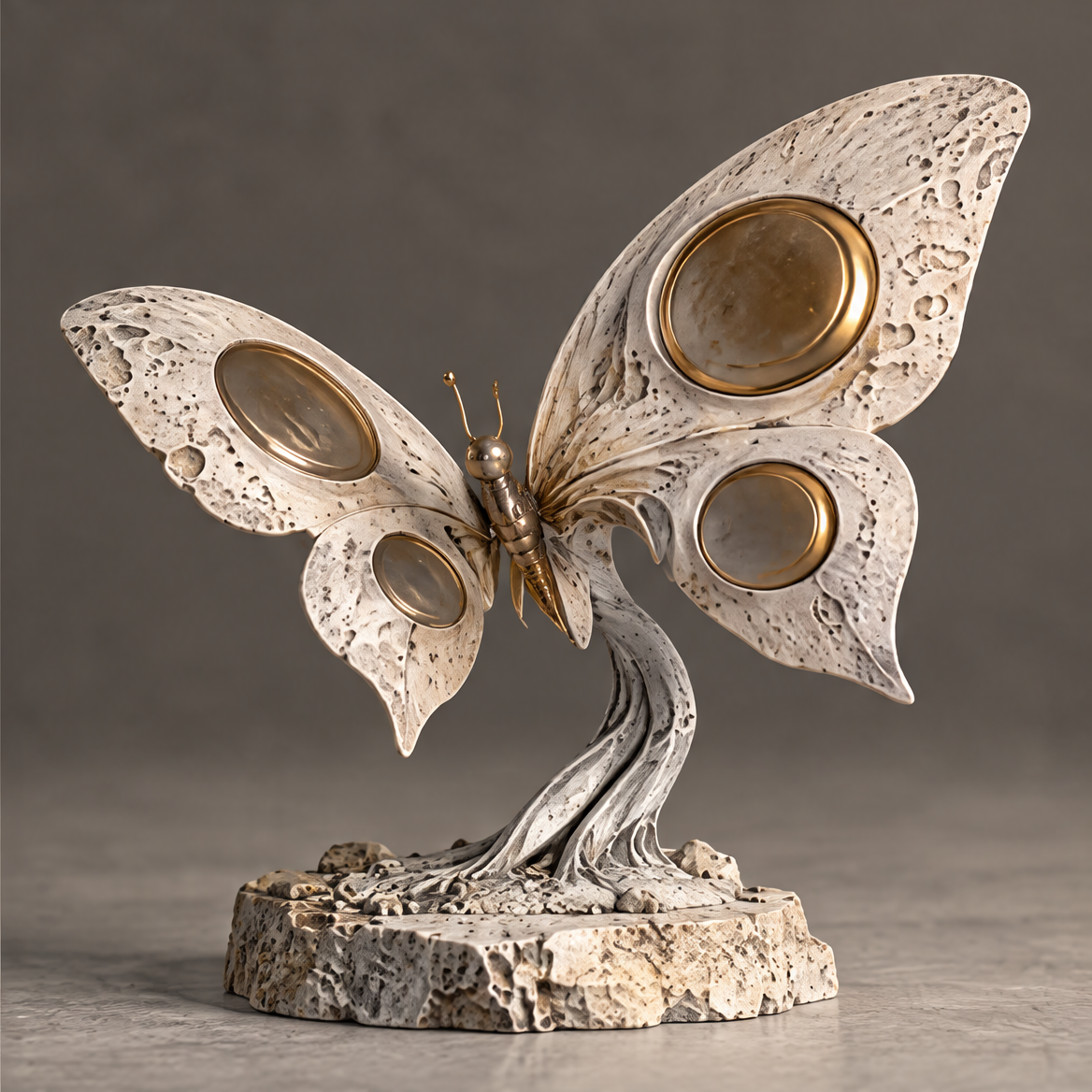 ORIZOX Lunar Butterfly sculpture – clean product view on neutral background, full wingspan showing crater-textured stone wings with four gold oval markings and brass body on stone base