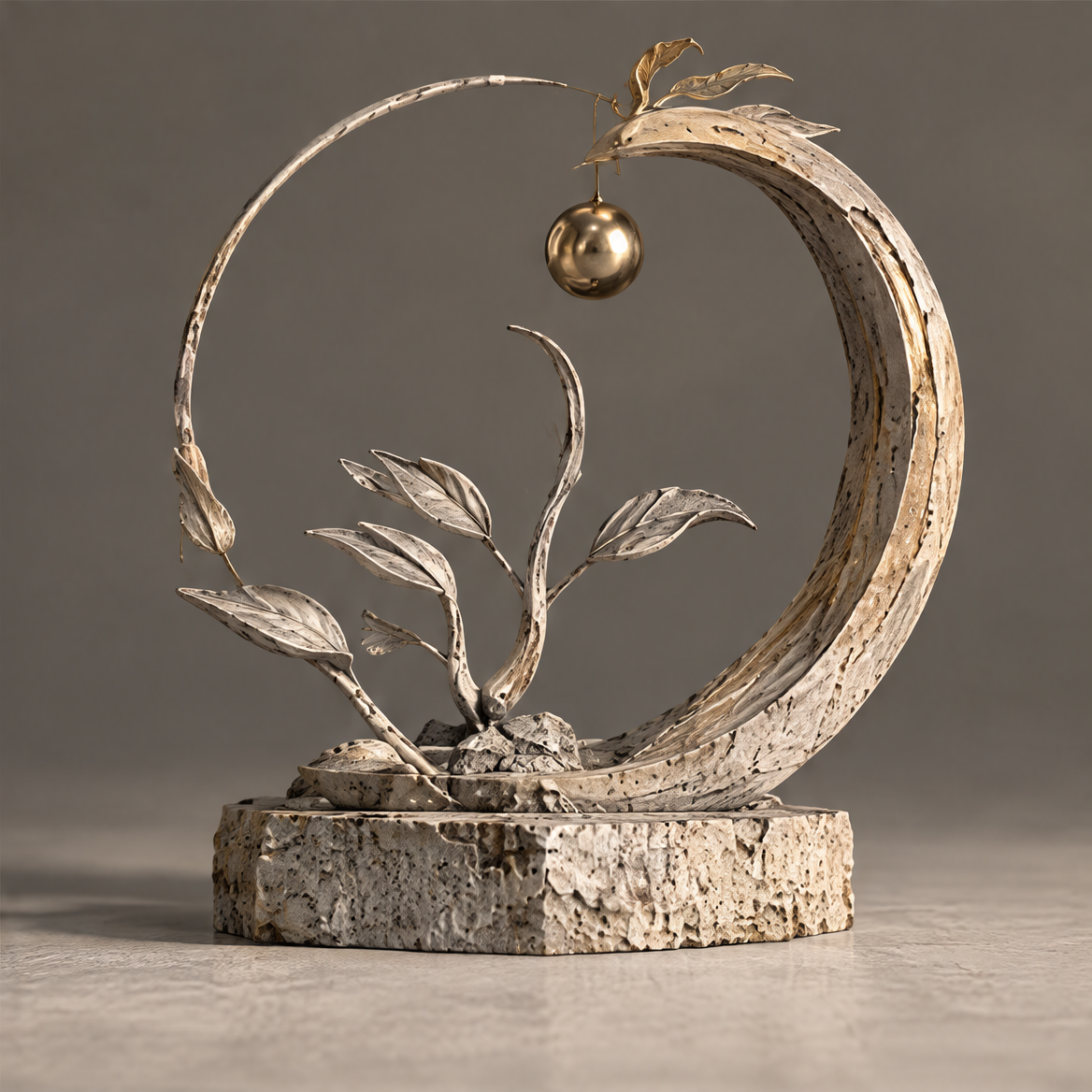 ORIZOX A Poetry of Gravity moon ring pendulum sculpture – clean product view on neutral background, full composition showing hammered stone circle arc with gold-leaf botanical stem and suspended gold orb pendulum on travertine base