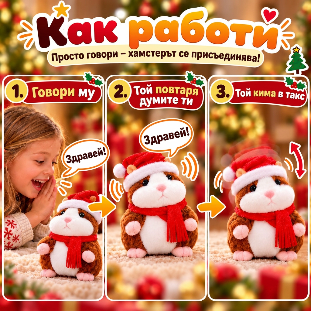 🎄 Говорещ плюшен хамстер 🐹 – повтаря думите ти и кима по изключително забавен начин! Идеалният коледен подарък 🎁