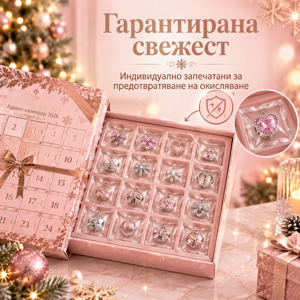🎄 Коледен адвент календар с бижута за жени (2026 г.)🍈 – 24 дни с изненадващи висулки, гривна и колие ✨