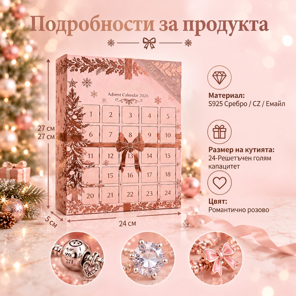 🎄 Коледен адвент календар с бижута за жени (2026 г.)🍈 – 24 дни с изненадващи висулки, гривна и колие ✨