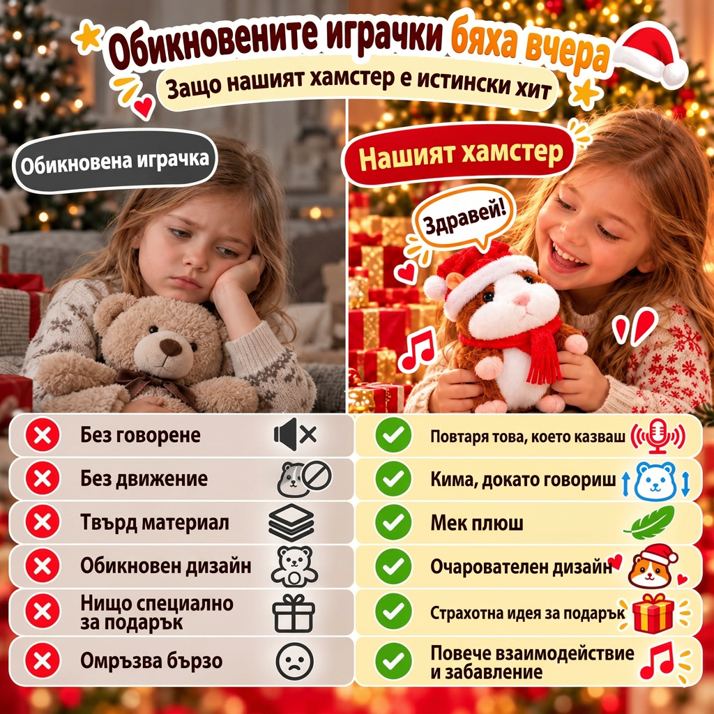 🎄 Говорещ плюшен хамстер 🐹 – повтаря думите ти и кима по изключително забавен начин! Идеалният коледен подарък 🎁