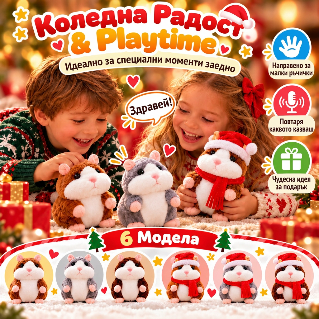 🎄 Говорещ плюшен хамстер 🐹 – повтаря думите ти и кима по изключително забавен начин! Идеалният коледен подарък 🎁